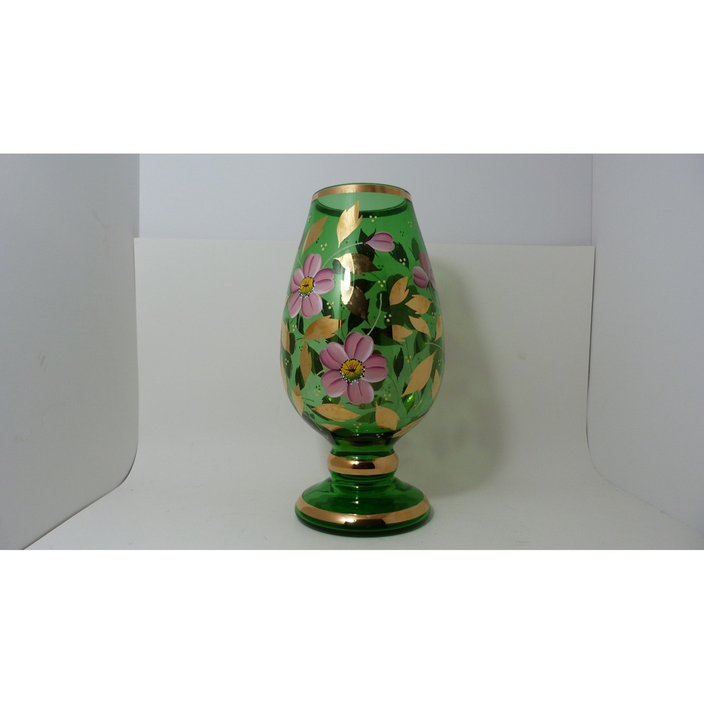 Vintage Emerald Green Hand Painted Floral Gold Leaf Glass Footed Vase 10.5in